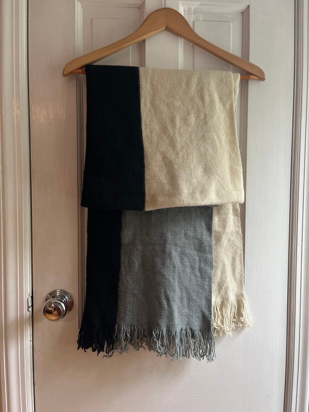 DONNI. Tri-Color Knit Fringe Scarf in Black, Gray & Cream, Cozy Fall Piece